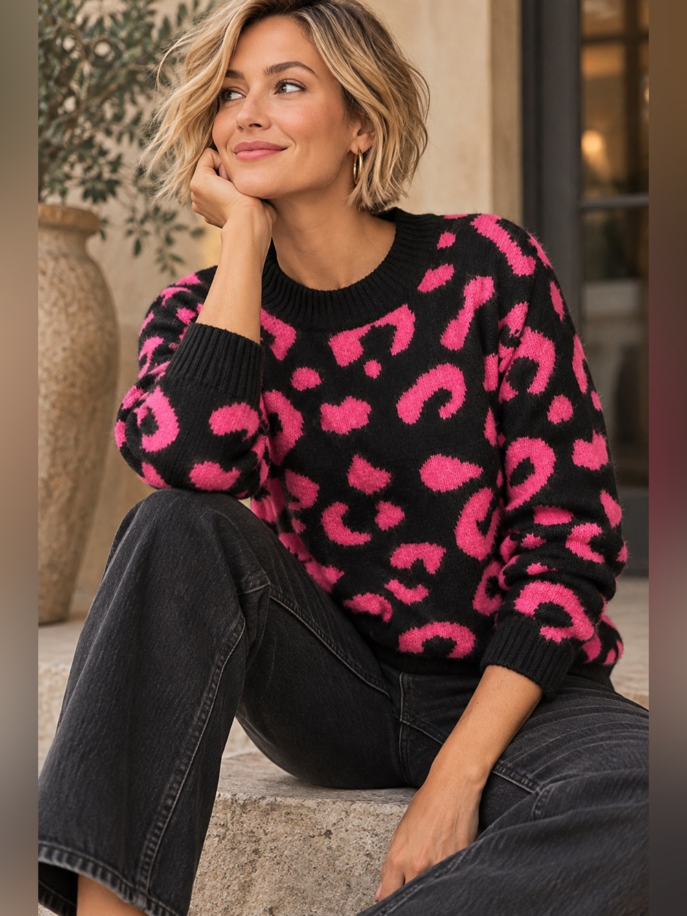 Line & Dot Civet Black Hot Pink Leopard Animal Print Crewneck Sweater Size XS